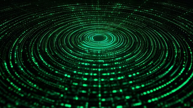 Concentric glowing digital lines spiral inward toward a central bright point in darkness - Powered by Adobe