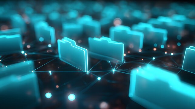 Numerous glowing digital information folders are connected by a bright network grid - Powered by Adobe