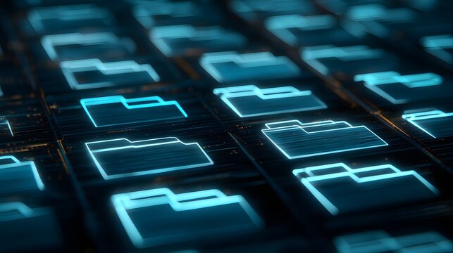 Glowing blue digital folder icons illuminate a dark, organized data structure - Powered by Adobe