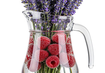 Fresh raspberries and lavender infuse refreshing water in a clear glass pitcher for a healthy drink
