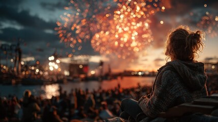Obraz premium Person watches fireworks over a crowd at dusk, city lights in background