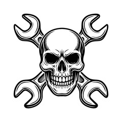 Skull with Crossed Wrenches Vector Illustration – Black and White Mechanic Skull Design for Garage, Tattoo, and Biker Artwork