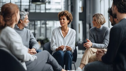 Diverse group of adults participates actively in a focused discussion circle within a modern interior setting