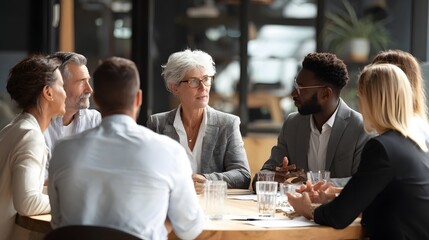 Diverse group of professionals engaging in discussion around a conference table