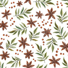 Seamless watercolor Christmas pattern with oranges, cinnamon, greenery, and spices. Festive citrus Christmas background.