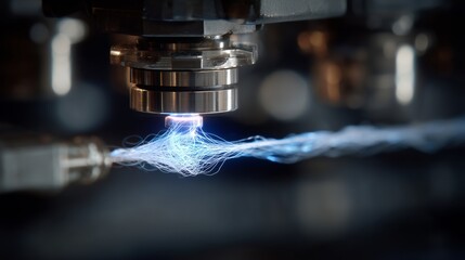 Close-Up View of a High-Tech Plasma Torch Generating Blue Energy Plume in an Industrial Setting Showcasing Advanced Technology and Innovation