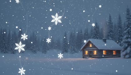 Fototapeta premium A cozy wooden cabin with glowing windows stands in a snowy forest as large snowflakes fall gently on a winter night.