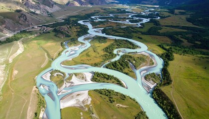 Aerial View of Braided Teal River Delta