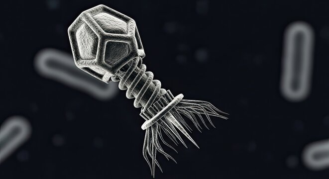 Bacteriophage virus attacking bacterium, microscopic view