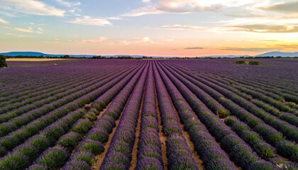 Aerial View of Lavender Fields at Sunset