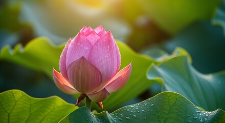 Pink lotus flower bud with morning dew on green leaves, illuminated by soft sunrise sunlight in nature