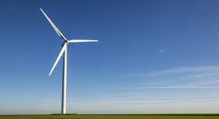 Fototapeta premium Modern wind turbine in open green field under clear blue sky, sustainable renewable energy concept