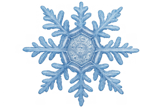 Snowflake drawing with detailed ice crystal structure, representing winter, cold, and holiday themes. Ready for seasonal projects