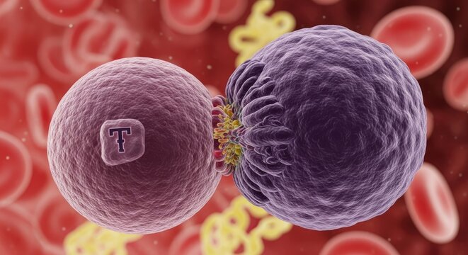 T cell interacting with a cancer cell, immune response concept