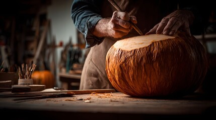 Artisan carefully carves the top section of a large, ridged gourd in a dimly lit workshop setting