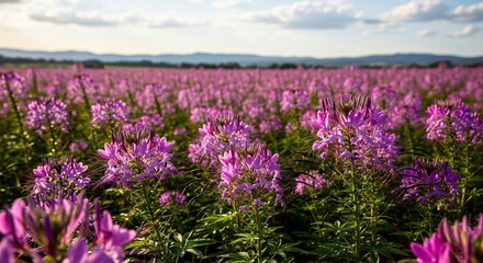 Obraz premium Vibrant field of blooming purple spider flowers under sunny sky with distant mountains, spring landscape