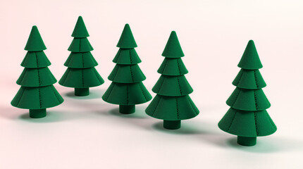 Aligned Emerald Green Felt Christmas Trees on Soft Pastel Pink Surface