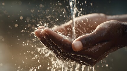 Fototapeta premium Dark skin hands cupped together receiving a refreshing flow of clear water splashes