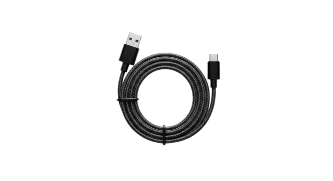 Black USB-C cable isolated PNG with Transparent Background
