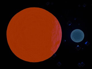 A large, textured orange/red planet dominates the scene, positioned next to a smaller, cooler blue/grey planet.