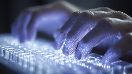 Human hands rapidly press keys on a glowing translucent keyboard in low light
