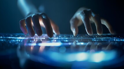 Human fingers interact with a glowing futuristic interface displaying digital information