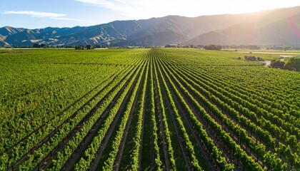 Aerial View of Vineyard Rows at Golden Hour