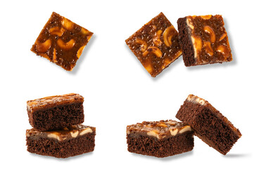 Set of chocolate brownie with nut isolated on white background.
