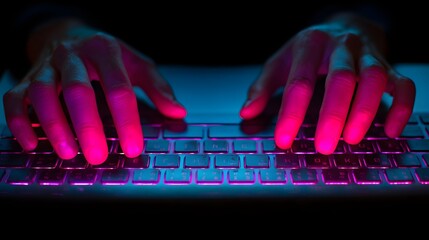 Illuminated fingers rapidly strike keys on a darkened, glowing keyboard