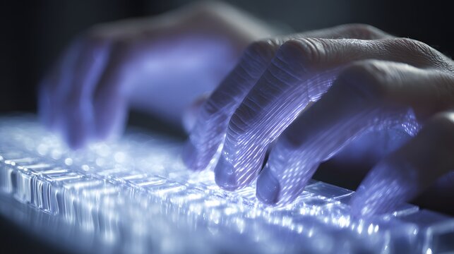 Human hands rapidly press keys on a glowing translucent keyboard in low light