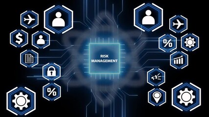 Risk Management concept with interconnected icons of airplane, bar graph, gears, percentage, and location pin on a dark background - Powered by Adobe