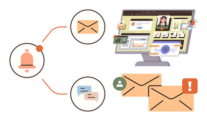 Notification bell, email icons, messaging bubbles, urgent alerts, and dashboard tracking user activity. Ideal for communication, digital tasks, alerts, workflow project management email marketing