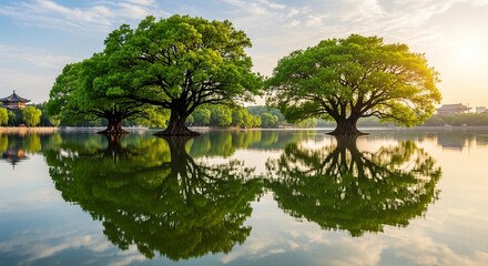 Majestic green trees reflected in tranquil lake water at sunrise with clear blue sky and soft clouds