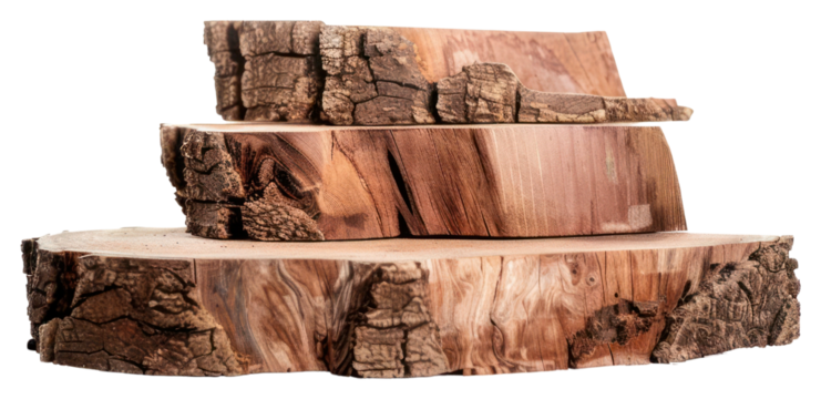 Gradient podium with bark wood slabs plant tree tree stump.