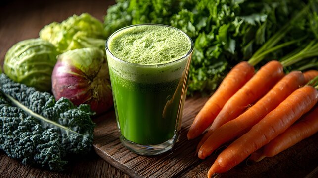 Freshly prepared green beverage surrounded by raw colorful root vegetables and leafy greens rests on a wooden surface