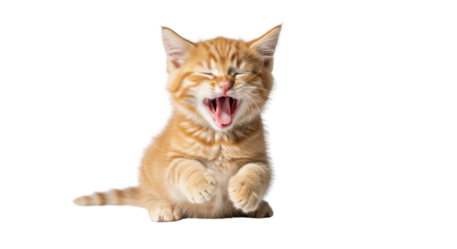 Cute ginger kitten yawning with mouth wide open isolated PNG with Transparent Background