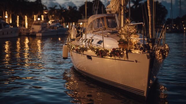 Luxury yacht decorated with Christmas lights at St. Augustine Regatta of Lights during evening festive holiday celebration on water