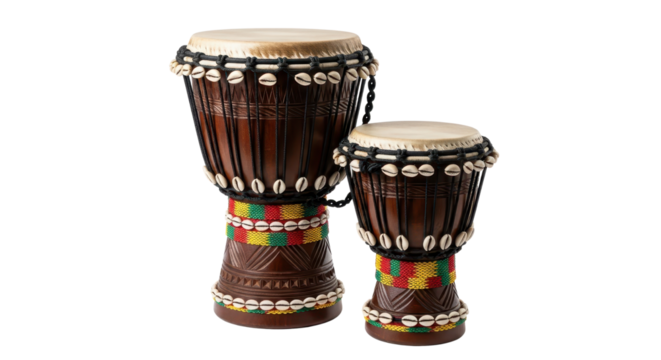 Pair of djembe drums with ethnic decoration isolated PNG with Transparent Background