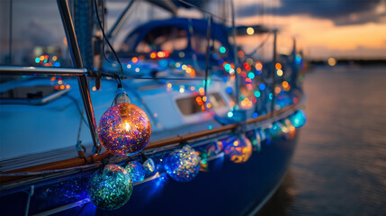 Blue sailboat decorated with colorful glowing Christmas lights during St. Augustine Regatta of Lights at sunset marina