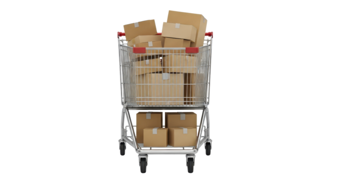 Shopping cart full of cardboard boxes isolated PNG with Transparent Background