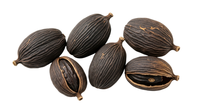 Pile of Black Cardamom Pods isolated PNG with Transparent Background