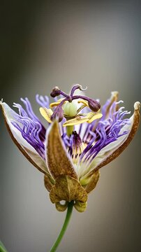 Exotic Purple Passion Flower Blooming with Intricate Details and Soft Bokeh Background