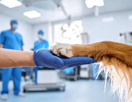 pata de perro sobre mano de humano a manera de saludo colocar fondo de quirofano