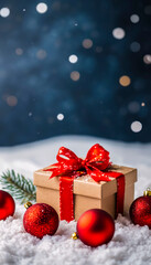 Obraz premium A festive Christmas gift box with a sparkling red ribbon rests on a bed of snow. Shiny red baubles and a dark, snowy background create a magical, celebratory holiday atmosphere.