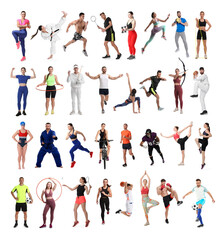 Sport activities. Different people in sportswear on white background, collage