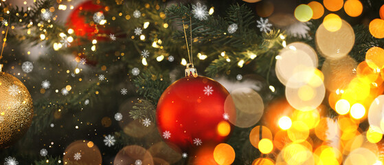 Christmas tree with balls, flying snowflakes and bokeh lights on festive greeting card. Banner design