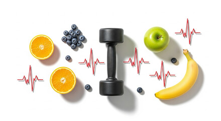 top-down flat lay of fruits, dumbbell, and heartbeat icons — fitness and preventive health
