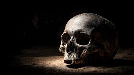 Aged human cranium rests illuminated on dusty earth in deep shadow