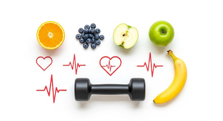 top-down flat lay of fruits, dumbbell, and heartbeat icons — fitness and preventive health