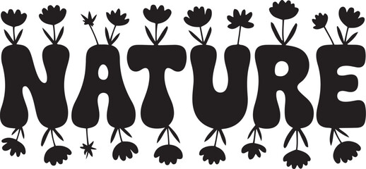 Creative black and white typography of the word nature with floral elements and vines isolated on transparent background